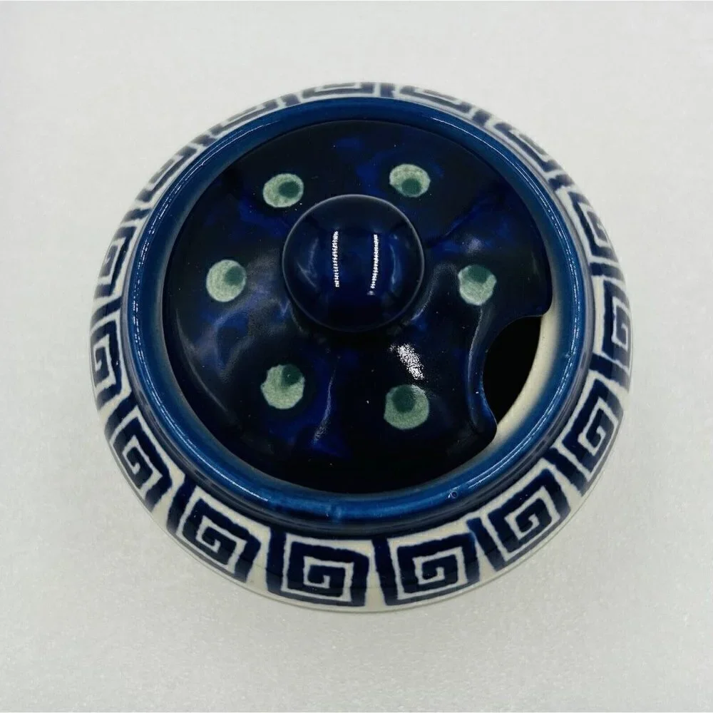 Boleslawiec Polish Pottery Hand Painted Greek Key Pattern Sugar/Jam Bowl w/Lid